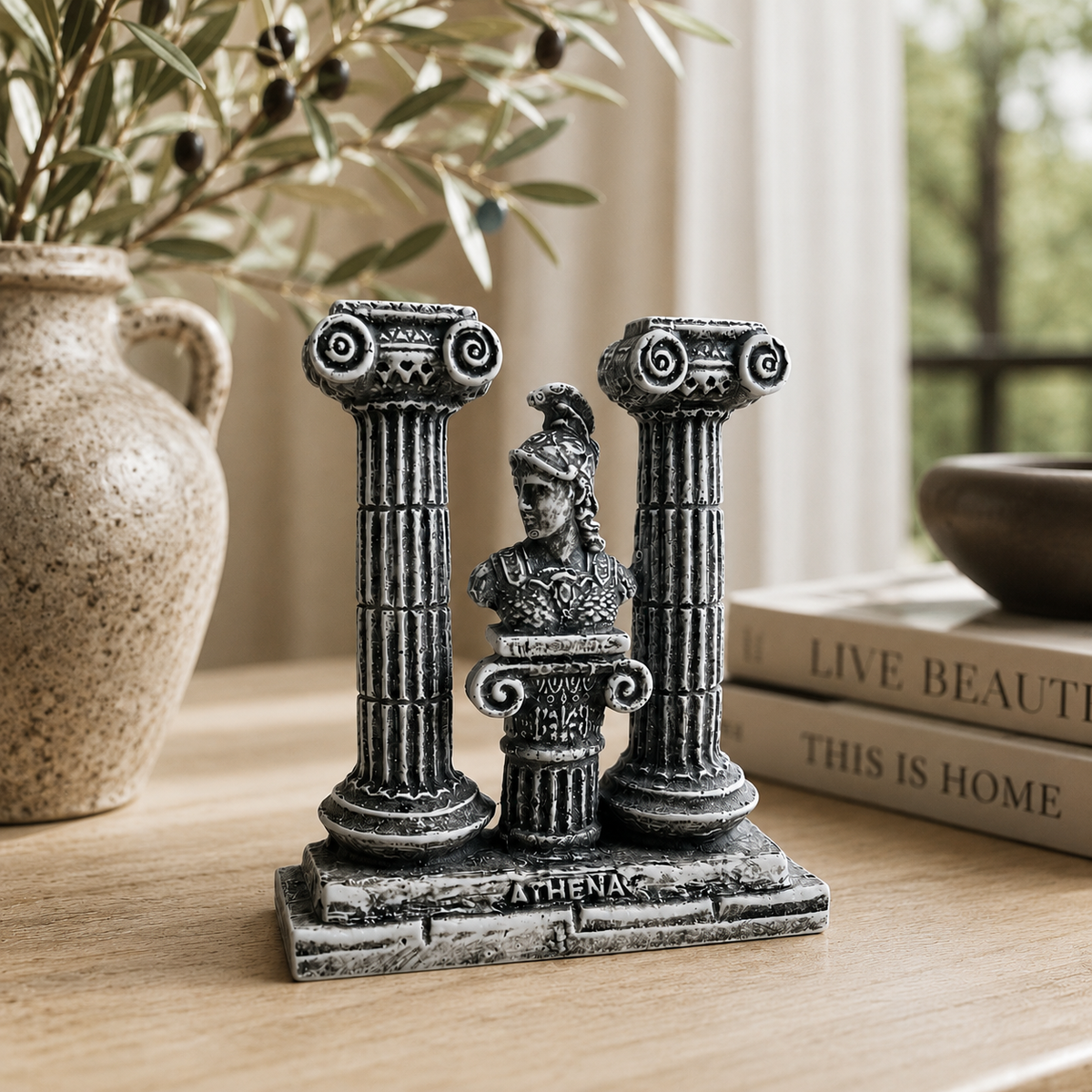 Antik Yunan Athena Büstlü 2 Sütunlu Dekoratif Biblo – 13,5 cm